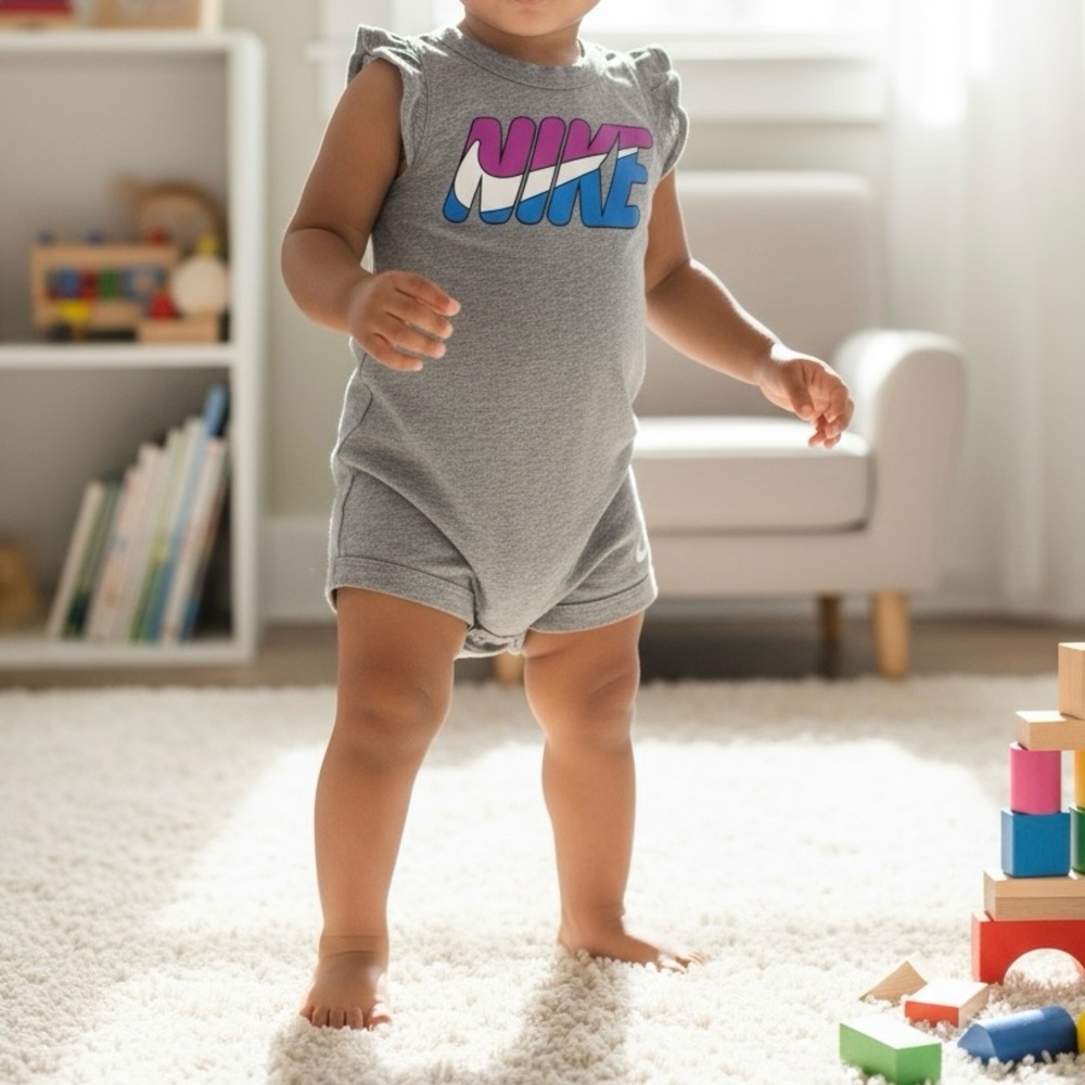 Nike Kids Gray Romper with Pink and Blue Logo
